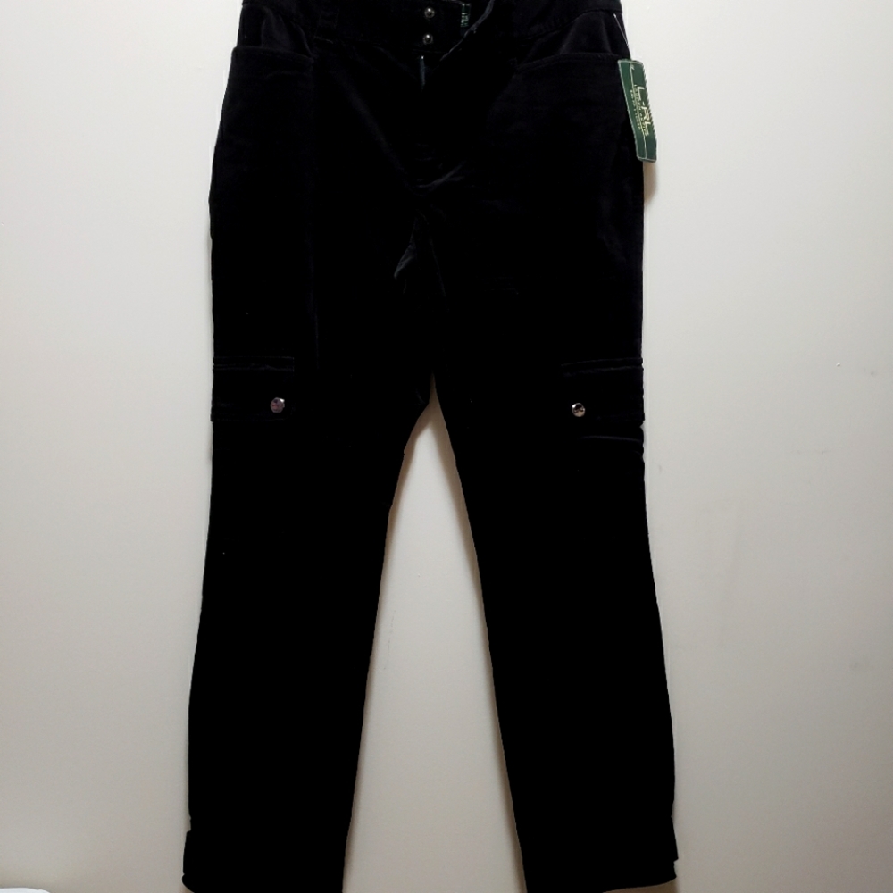 Ralph Lauren Active Dress Pants Cord Black Velvet Side Pocket Ankle Snap 12 NWT